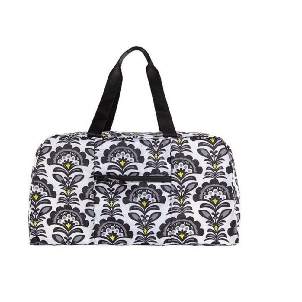 Vera Bradley Black & White Floral Collapsible Duffel Fanfare with Yellow Accents